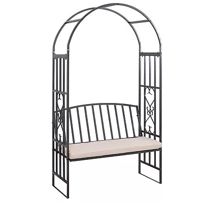 Outsunny Garden Arbor Arch Metal Bench Padded Seat Outdoor Decoration Patio • £104.99