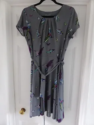 £7.50 • Buy Laura Ashley Grey Size 14 Cerise Violet Green Black Dress Birds Short Sleeves