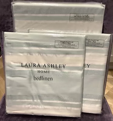 Laura Ashley Forbury Stripe Duck Egg KING Size Duvet Cover + 2 Pillowcases - NEW • £80