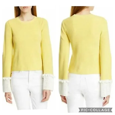 Staud Leo Sweater Yellow Daffodil Wool Blend Pom Pom Bell Sleeve Sweater - Med • $49.49