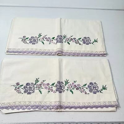 Vintage Handmade Pillowcase Pair Purple Embroidered Floral Cotton Retro Shabby • $22.40