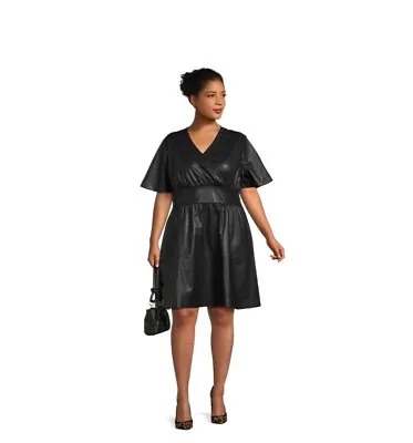 Terra & Sky Faux Leather Dress Women's Size 2X Black Pockets Short Sleeves  • $22.49