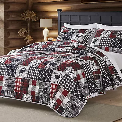 Cabin Quilt Sets King Christmas Patchwork Rustic Lodge Deer Quilt Bedding Set  • $68.99