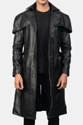 Men's Black Leather Trench Coat |Full Length Black Duster Coat |Leather Overcoat • $34.72