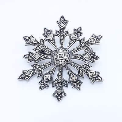 Sterling Silver Vintage Snowflake Marcasite Brooch Pin 1.5  • $19.99