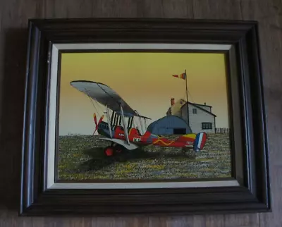 Signed H Hargrove Framed Serigraph Painting K1 Biplane & Hangar 12 X 16 • $19