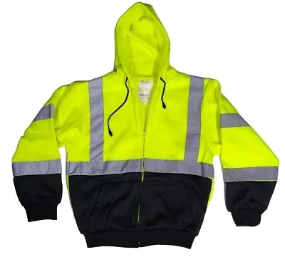 Hi Vis ANSI Class 3 Safety Hooded Sweatshirt Zip Up Hoodie Black Bottom • $19.99