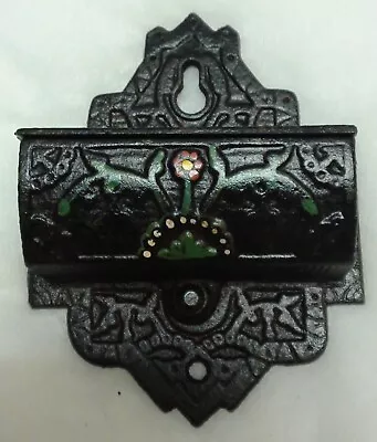 Wall Mount Match Box Safe Holder Antique Cast Iron Vintage With Painted Flowers • $20