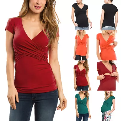 Women Pregnant Maternity Cotton V Neck Breastfeeding T-Shirt Nursing Blouse Tops • $14.43