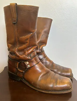 Vintage Mens Biker Boot 1970s Square Toe Harness Rodeo Brand Brown Patina 11.5 • $104.99