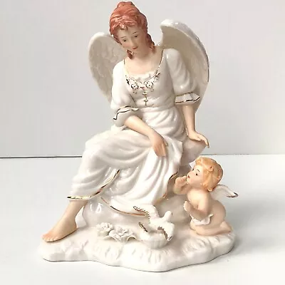 O'WELL Porcelain Angel With Iridized Wings Cherub Dove Roses Gold Accenting • $22.95