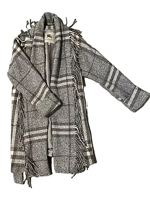 Vintage Burberry  Women's Fringed Wool Blend Coat Grey/black/white Plaid • $350