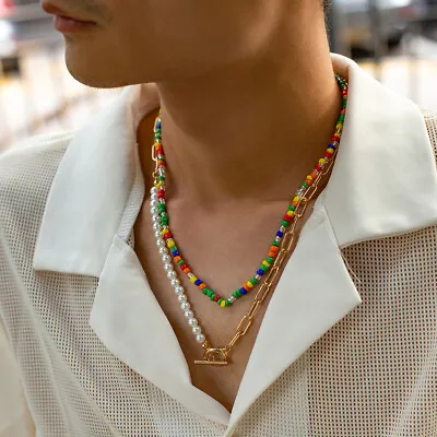 Colorful Rice Bead Pearl Necklace Men's Hip-hop Collarbone Chain Accessories • $5.89