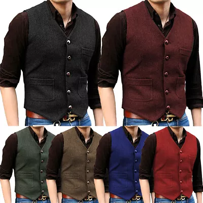 Retro Mens Vintage Tweed Waistcoats V-Neck Herringbone Vest Slim Fit XS-3XL • $20.68