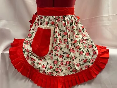 RETRO VINTAGE 50s STYLE HALF APRON / PINNY - PINK ROSES On WHITE With RED TRIM • £20.99