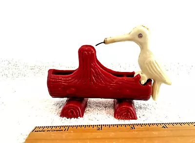 VTG Plastic Woodpecker Toothpick Holder Dispenser Red Log White Bird Rhinestones • $14.62