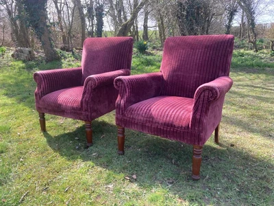£220 • Buy Antique Style Pair Of Upholstered Burgundy Easy Armchairs Maroon Traditional