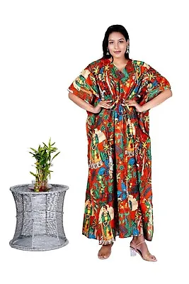 Indian Cotton Red Frida Kahlo Kaftan Night Maxi Dress Women Clothing Maxi Gown • $36.99