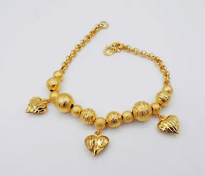 $36.99 • Buy Beaded Heart Bracelet Dangle 22K Thai Baht Yellow Gold Plated Jewelry For Her