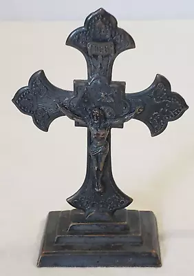 Vintage Metal Gothic Standing Crucifix Fleur De Lis Points AO Lamb 3 1/8  Rustic • $9.99