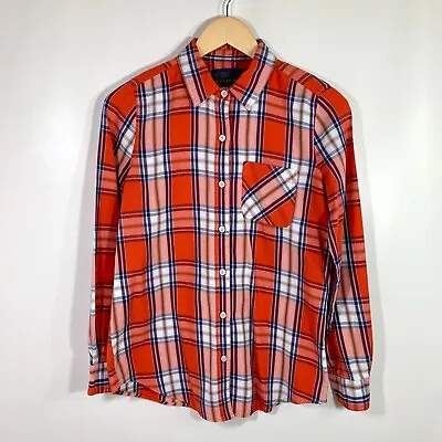 I Love H81 Womens Orange/ White Button Up Plaid Long Sleeve Shirt Size Small • $6.95