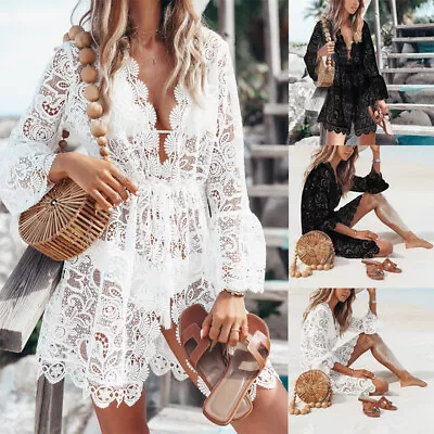 £12.99 • Buy Women Beach Bikini Cover Up Sarong Dress Swimwear Lace Crochet Wear Summer