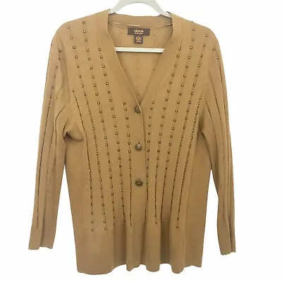 Victor Alfaro Large Cardigan Wool Blend Button Front Beaded Camel Brown • $23.88