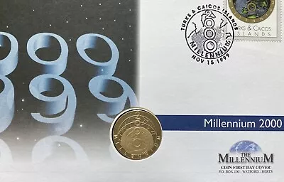 2000 Turks & Caicos Islands 25 Crowns Gold & Silver Coin Stamp Cover Millennium • £5.99