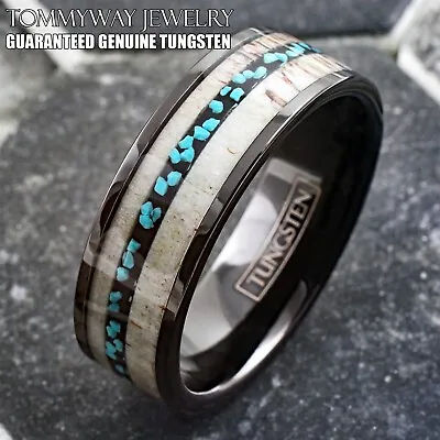 Black Tungsten Carbide Men's Ring Deer Antler & Turquoise Wedding Band • $23.99