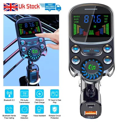 Wireless Bluetooth Car FM Transmitter QC3.0 +PD Charger MP3 Player Handsfree Kit • £17.49