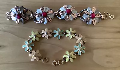 2 Unusual Vintage Floral Enamel & Mixed Finish Bracelets • $9