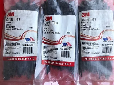 (300) 3m Ct6bk30-c Black Colored 6  Inch 30 Lb Tensile Cable Zip Ties Usa Made • $59.80