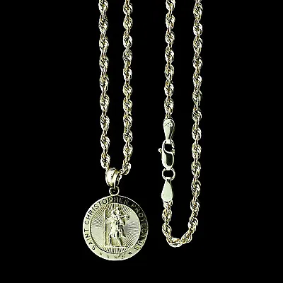 Real 10K Yellow Gold Saint Christopher Pendant & 2.5mm Rope Chain Men Women • $119.99