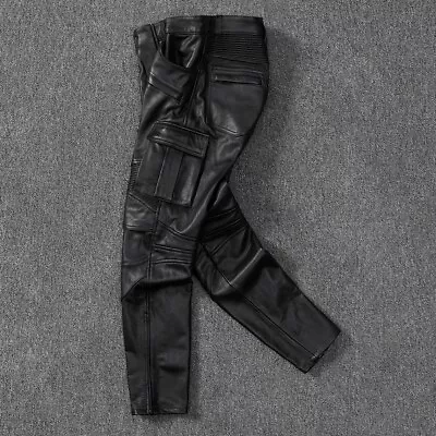 Men's Real Cow Leather Bikers Pants Cargo Pockets Pleated Panels Bikers Pants • $120