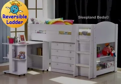 Childrens Midsleeper Bed With Mattress - Large Desk - Chest Of Drawers - Shelves • £569