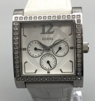 Guess Watch Women Silver Tone 37mm Square Pave White Leather Band New Battery • $33.99