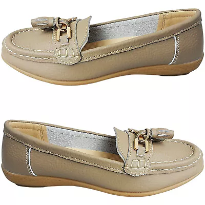 Womens Real Leather Moccasin Loafer Tassel School Work Flat Nautical Shoes Pumps • £16.95