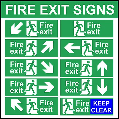 £18.99 • Buy Fire Exit Signs - Green - Adhesive Sticker Or Plastic, - Running Man Arrows 