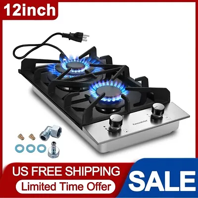 2-Burners Gas Cooktop 12in Kitchen Built In Tempered Glass NG/LPG Convertible • $109.99