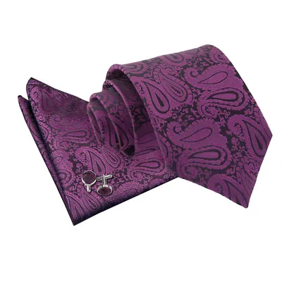 Mens Tie Hanky Cufflinks Set Woven Floral Paisley Purple Classic Skinny By DQT • £7.99