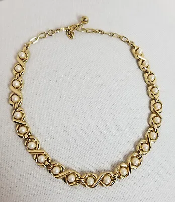 Vintage Trifari Faux Pearl Necklace Choker Gold Tone • $65