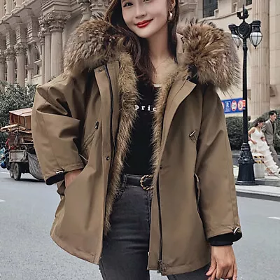 Women Winter Coats Real Raccoon Fur Collar Liner Hooded Short Jackets Warm Parka • $220.79