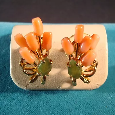 Gorgeous Vintage Post-pierced Earrings Jade Leafcoral Cattails Gold/p. Perfect • $44