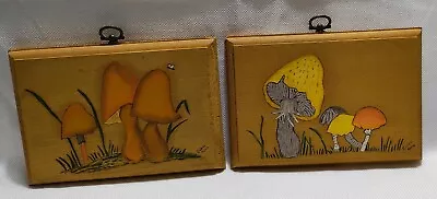 Pair Of Vtg Mushroom Themed Wall Decor Pre-owned Hand Painted Wood Plaque 1970s • $24.99