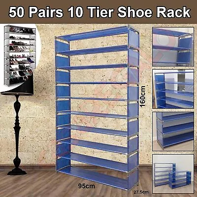 $21 • Buy CASA 50 Pairs 10 Tiers Stackable Storage Shoe Rack Cabinet Organiser Steel Blue