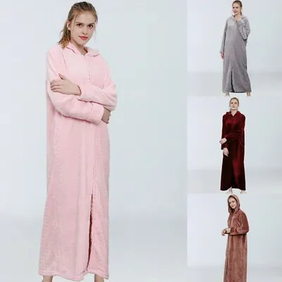 Winter Ladies Warm Hooded Dressing Gown Bath Robe Soft Flannel Fleece Long Robes • £23.54