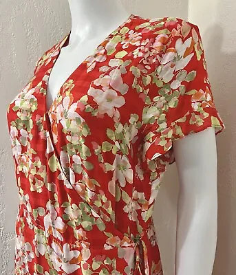 J. Jill Red Floral Chiffon Flutter Slv Ruffle Wrap Dress Size M EUC • $10