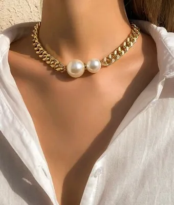 £9.99 • Buy Chunky Gold Chain Necklace Choker Pearl Chain Women's Statement Womens Jewelry 