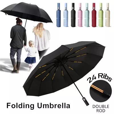 Folding 24 Rib Strong Automatic Open Umbrella Close Travel Windproof Compact • £10.58