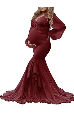 Mermaid Maternity Dress Size Small Long Chiffon Sleeve Elegant Red Burgundy  • $45